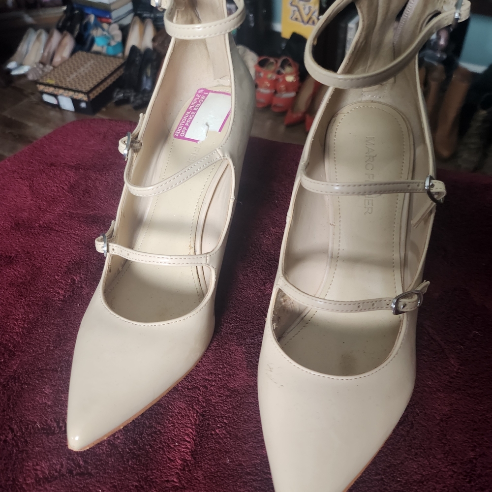 Marc Fisher Beige Triple-Strap Pointed Pumps